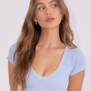 Garage Light Blue Ribbed V-Neck Crop Top